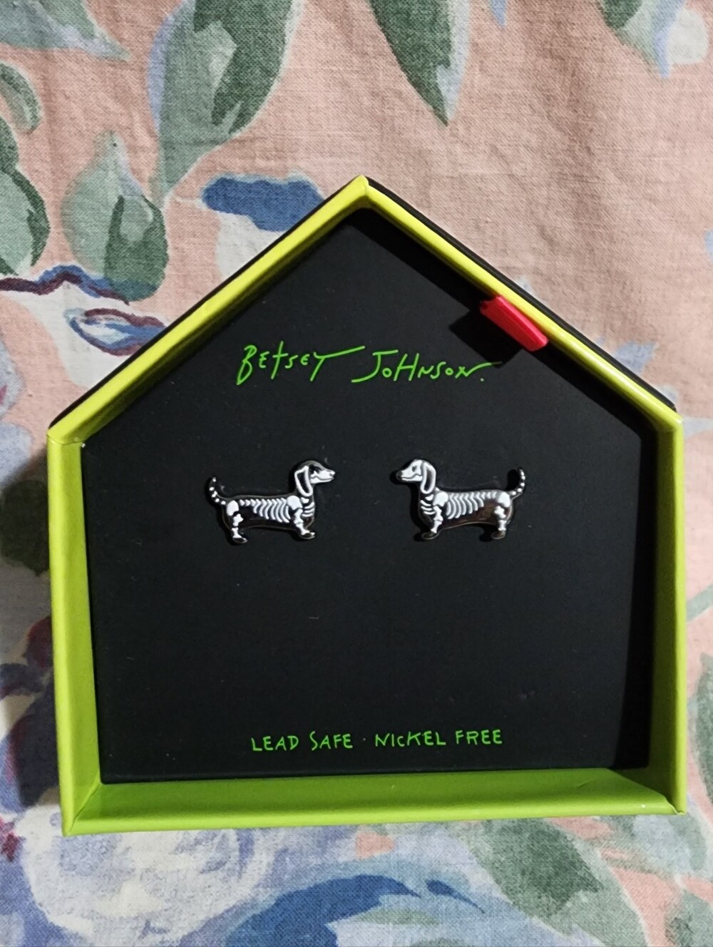 Betsey Johnson Silver Dachshund Skeleton Stud Earrings - Black & Silver